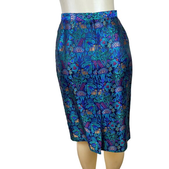 Vintage Guy Laroche Turquoise Satin Skirt & Jacket Set With Floral Print  Sz W14 - Picture 8 of 13